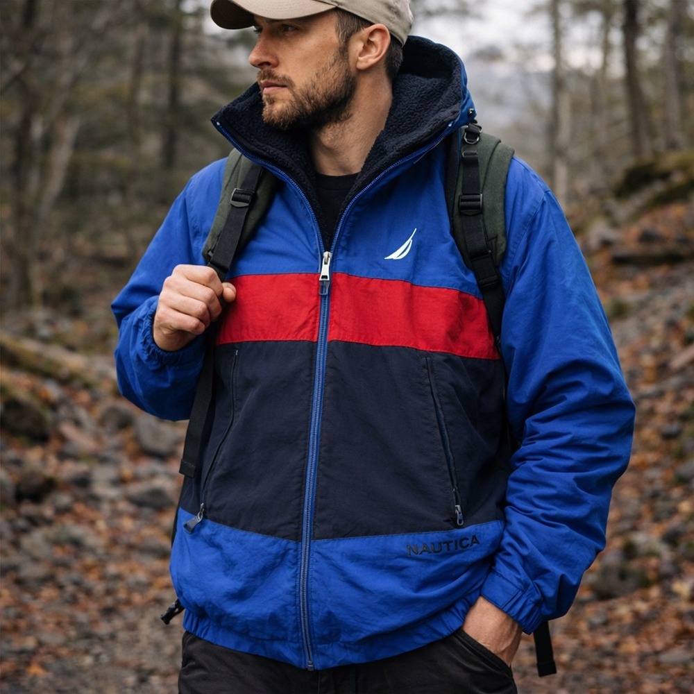 Nautica Reversible Fleece Lined Windbreaker Jacket Mens XS Blue Red Colorblock